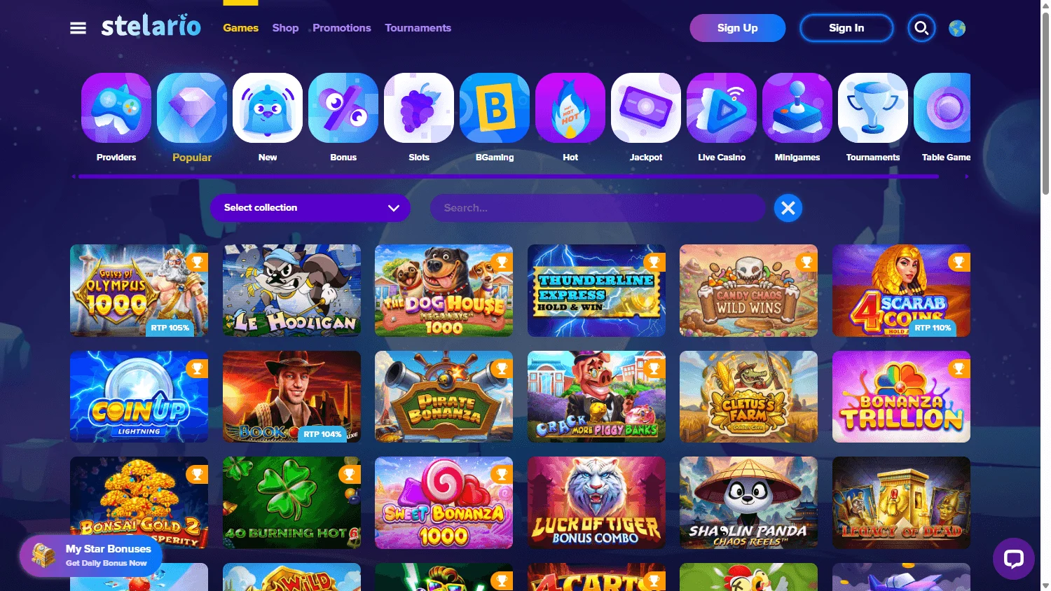 Stelario Casino desktop game lobby
