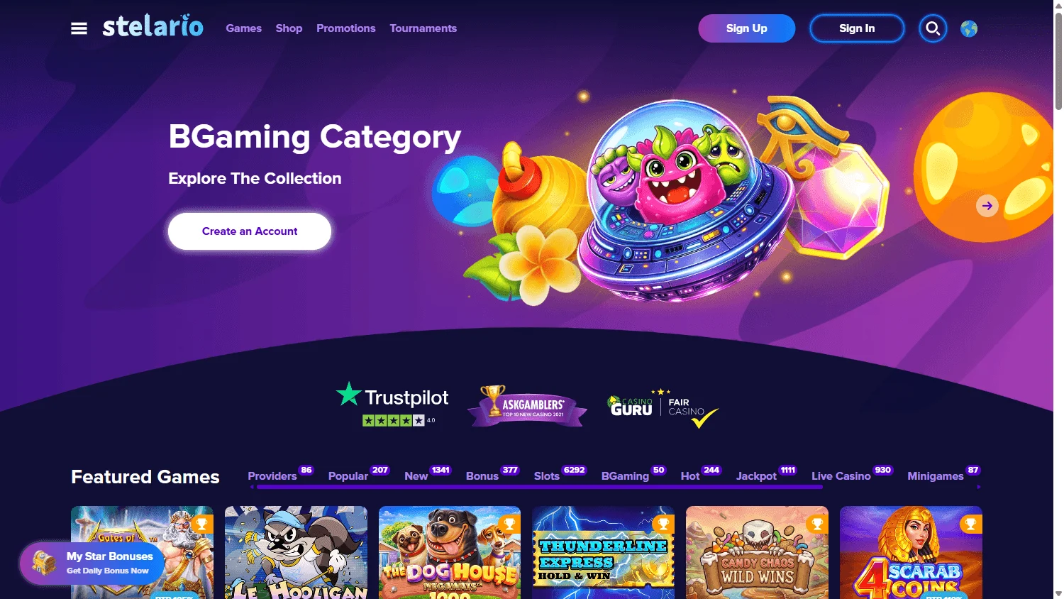 Stelario Casino desktop home interface