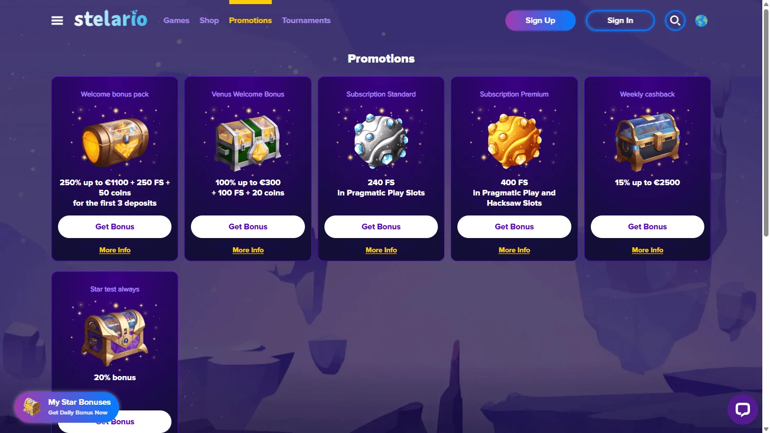 Stelario Casino desktop promotions area