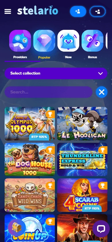 Stelario Casino mobile browser game lobby