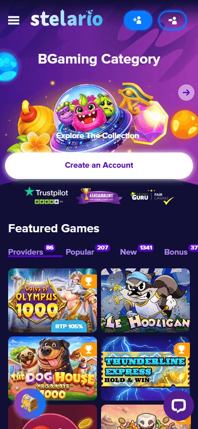 Stelario Casino mobile browser home interface